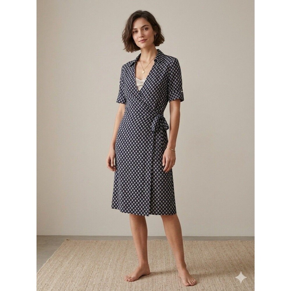 Max Mara Navy Printed Silk Wrap Midi Dress Size 10